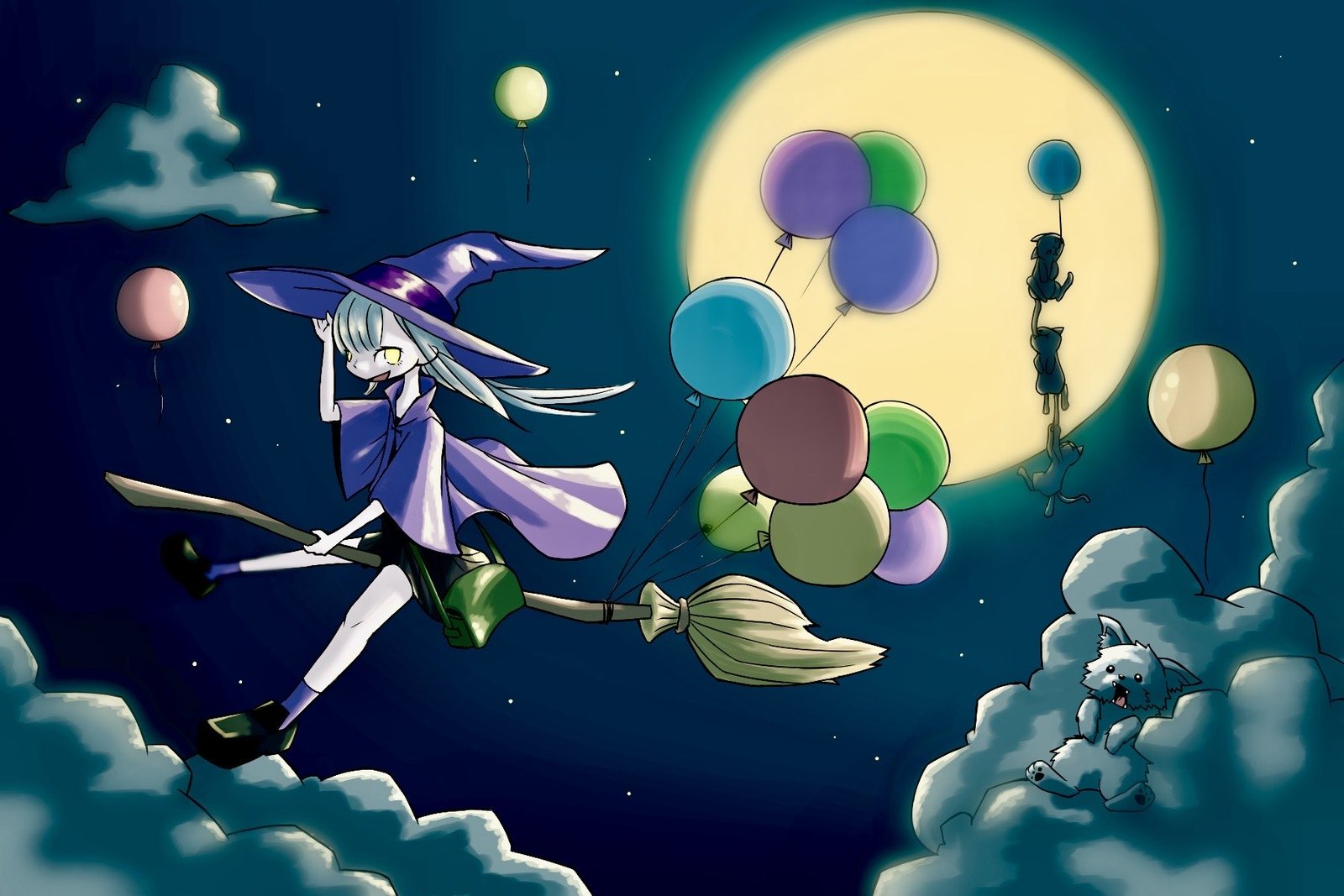 月夜に、風船をつけたほうきで飛ぶ魔女のイラスト